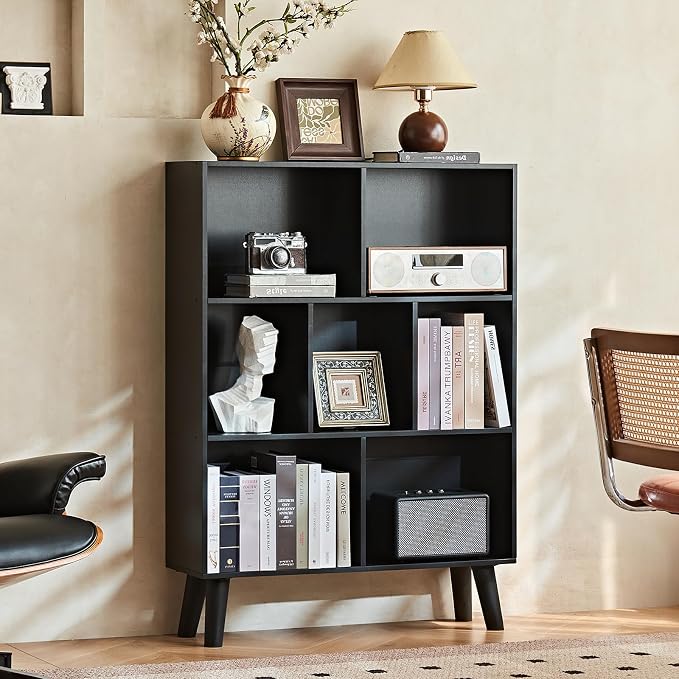 LEYAOYAO 7 Cube Black Bookshelf, 3 Tier Modern Bookcase - Image 4