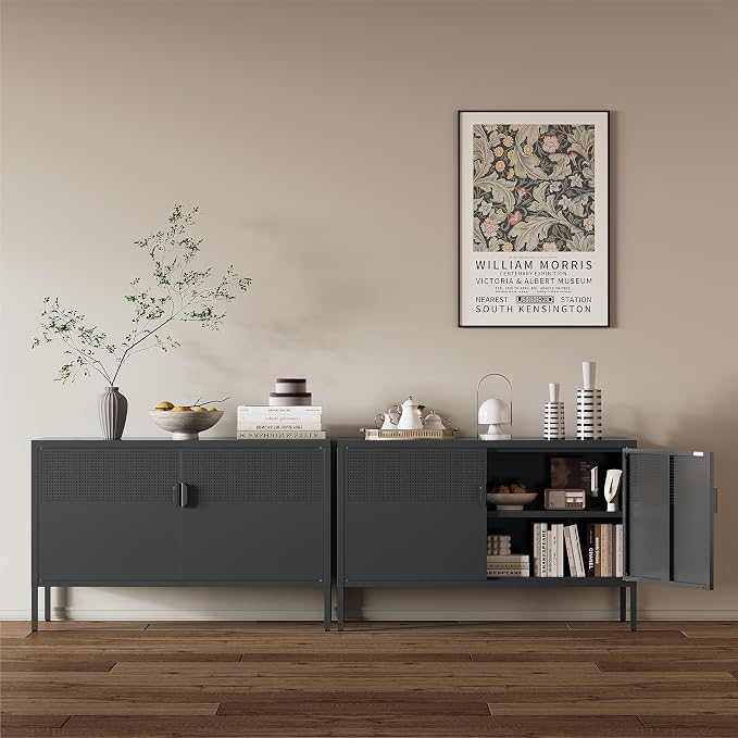 Metal Storage Cabinet, 2 Door TV Stand, Metal Mesh Accent Cabinet, Magnetic - Image 2