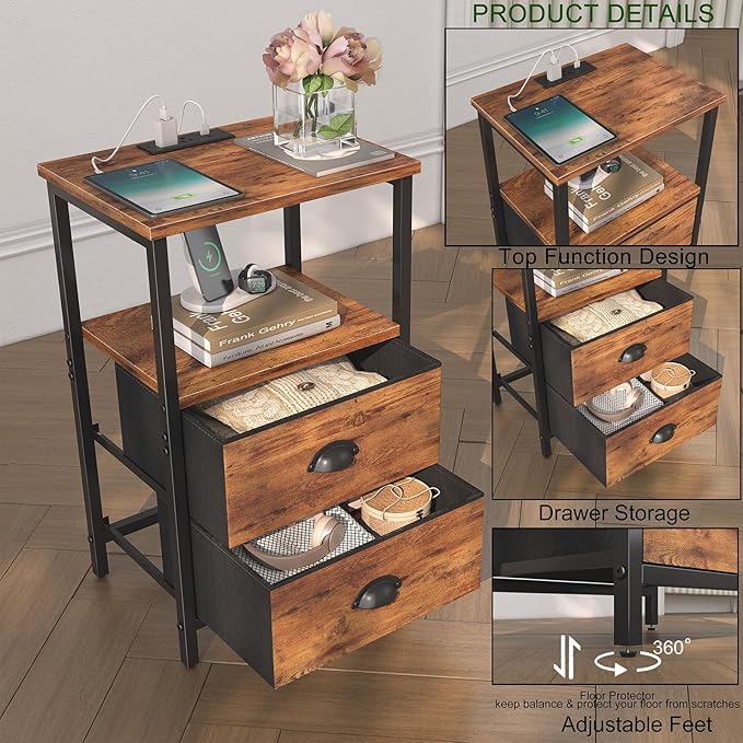 sthmec Nightstand with Charging Station, Night Stand with 2 Fabric Drawers - Image 6