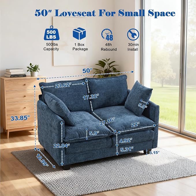 Loveseat Sofa Cloud Sofa Couch 50'', Modern Loveseats 2 Seat Couch 27" Deep Seat - Image 2