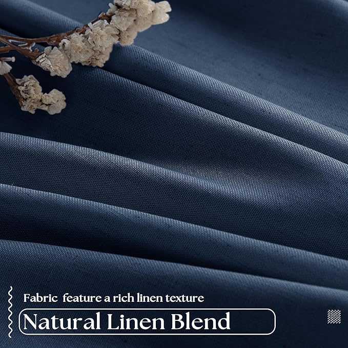 Navy Blue Pinch Pleated Full Blackout Linen 80 Inch Window Curtains | Room - Image 5