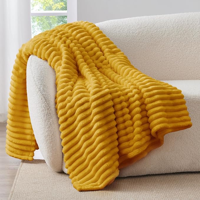 BEDELITE Striped Fleece Throw Blanket, Mustard Yellow, Soft Cozy, Lightweight by BEDELITE