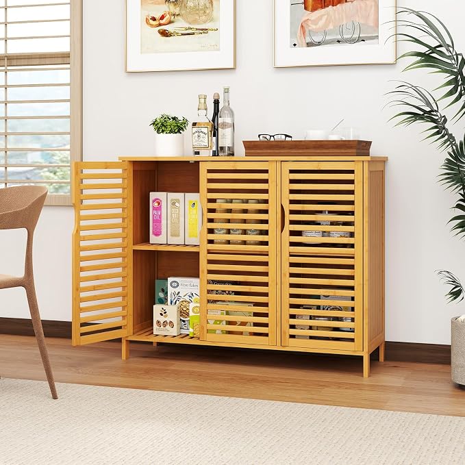 Giantex Bamboo Bathroom Storage Cabinet, 3-Door Storage Organizer - Image 7