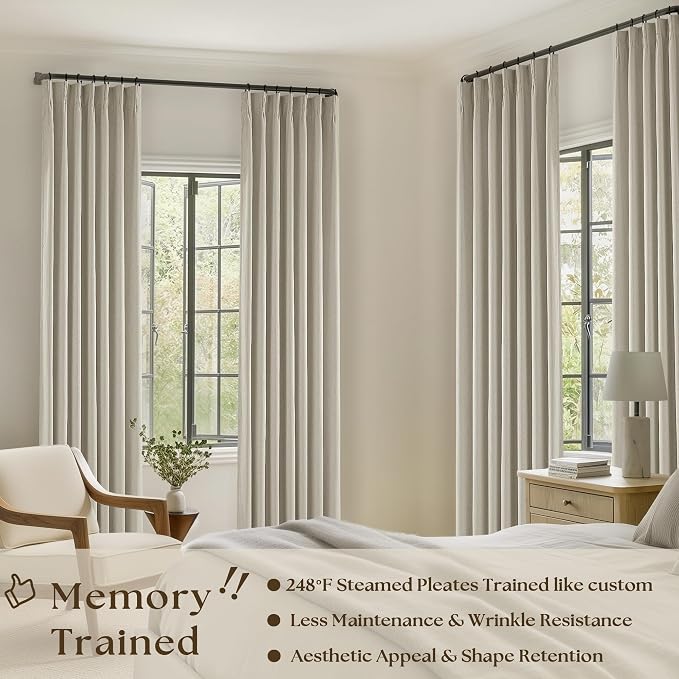 Oatmeal Beige Pinch Pleated 100% Black Out Linen Curtains 84 Inch Length | Room - Image 2