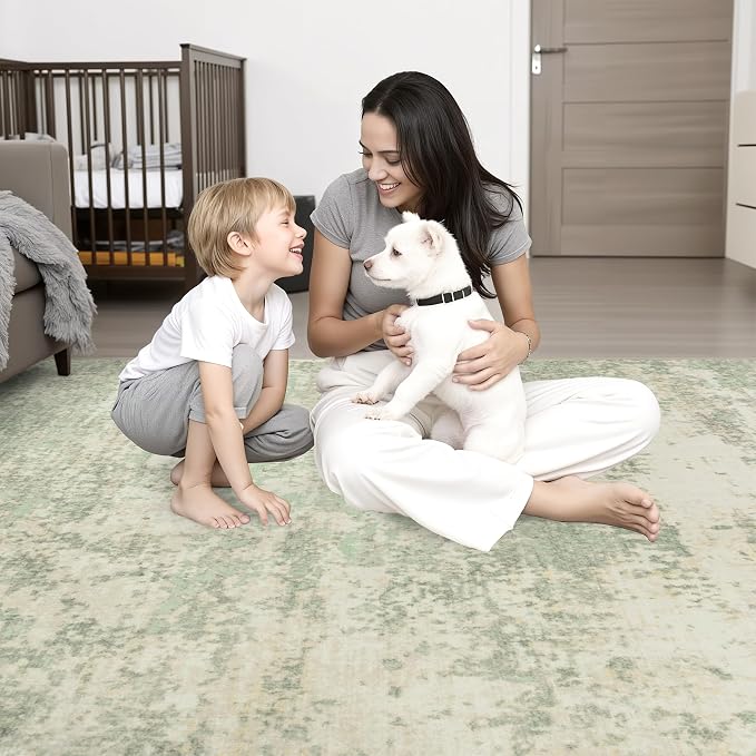 3x8 Washable Runner Rug：Modern Abstract Soft Carpet Green Cream | - Image 2