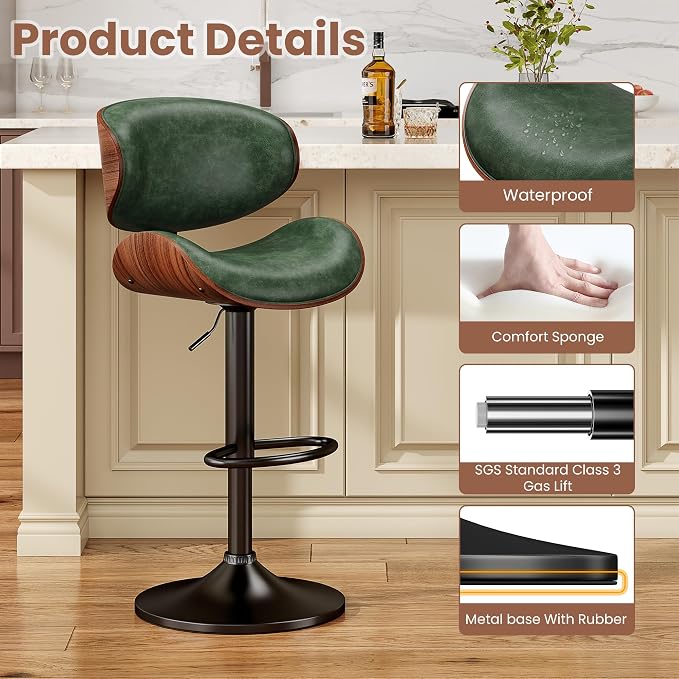 YaFiti Bar Stools Set of 4, Bentwood Adjustable Height Swivel Bar Stools - Image 5