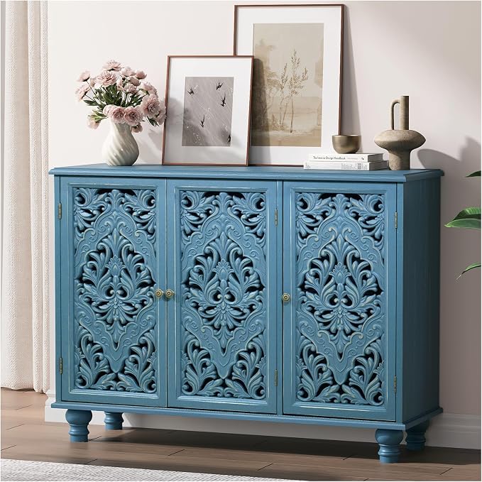 JOINICE Accent Cabinet with 3 Carved Doors, Distressed Blue Sideboard Buffet by Joinice