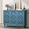 JOINICE Accent Cabinet with 3 Carved Doors, Distressed Blue Sideboard Buffet by Joinice