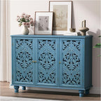 JOINICE Accent Cabinet with 3 Carved Doors, Distressed Blue Sideboard Buffet by Joinice