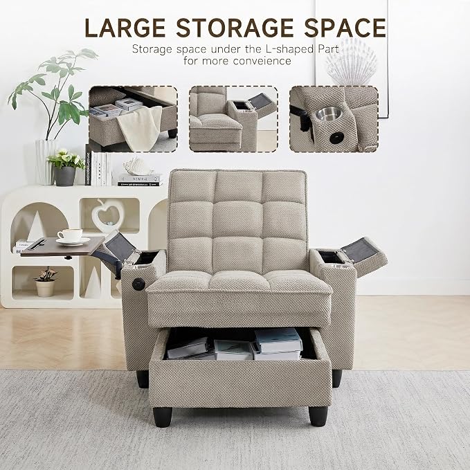 Oversized Recliner Chair with Swivel Tray Table, Modern Tufted Linen Fabric - Image 4