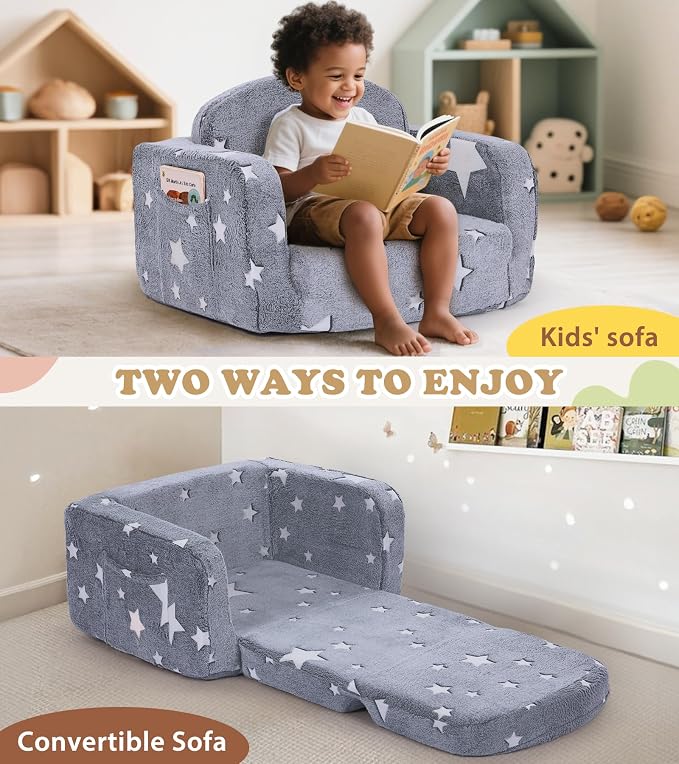 Kids Couch, 2-in-1 Soft Toddler Couch Fold Out - Image 5