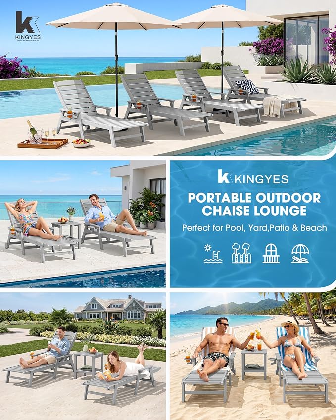 KINGYES HDPE Lounge Chair Outdoor Set of 4, Patio Chaise Lounge Recliner - Image 8