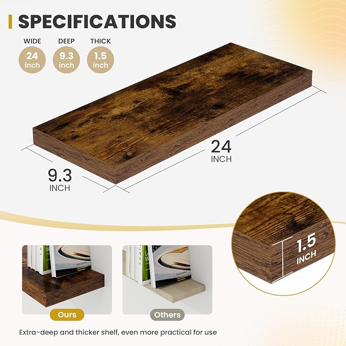 Acovy 24 Inch Floating Shelves, 9.3" Deep Floating Shelf Wall Mounted, Rustic - Image 3