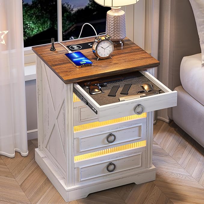 Farmhouse Night Stand with Gun Drawer, Bedside Table with Charger Station by ACTKISS