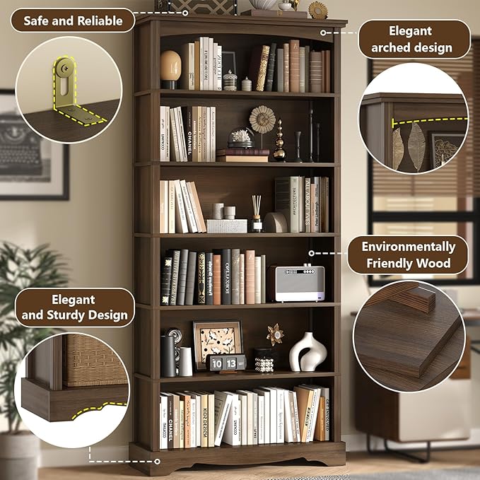 TVU 6-Tier Wooden Bookshelf, 76 Inch Tall Bookshelf - Image 6