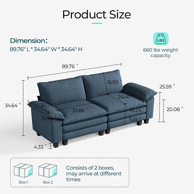 LINSY HOME 90" Modular Cloud Love Seat Sofa, Corduroy Soft Sectional Couch - Image 2