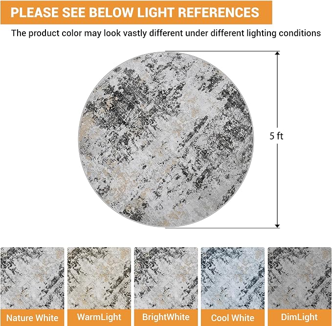 Round Rug 5ft Washable Rug for Dining Room Living Room Black Grey Gold | Modern - Image 2