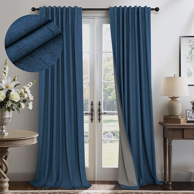 Navy Blue Linen Textured Curtains 90 Inches Long 2 Panels Set Modern Neutral by Pitalk