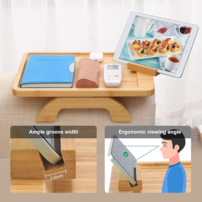 SINWANT Couch Arm Tray Table, Large Bamboo Couch Armrest Table - Image 2
