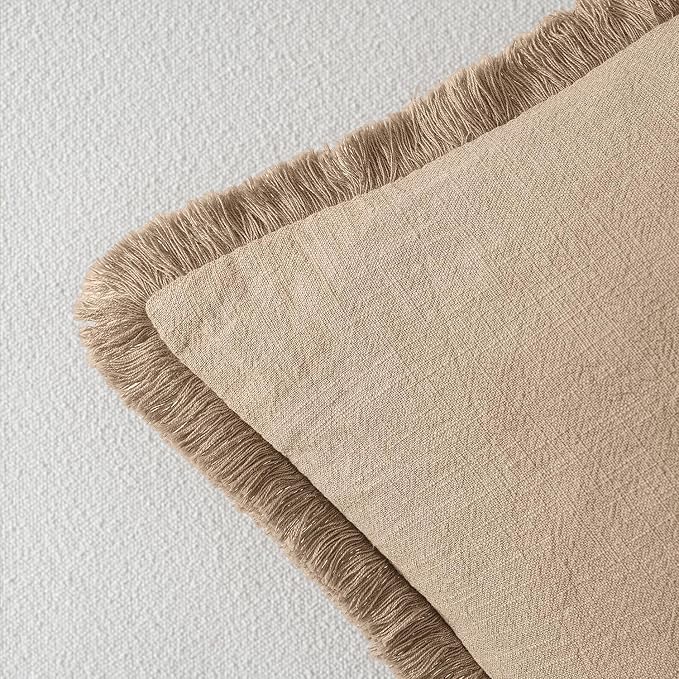 MIULEE Boho Linen Fringe Decorative Euro Throw Pillow Covers Camel 24x24 | Set - Image 3