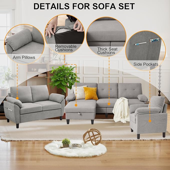84" Convertible Sectional Sofa Set, 3 Seat L Shaped Couch - Image 4