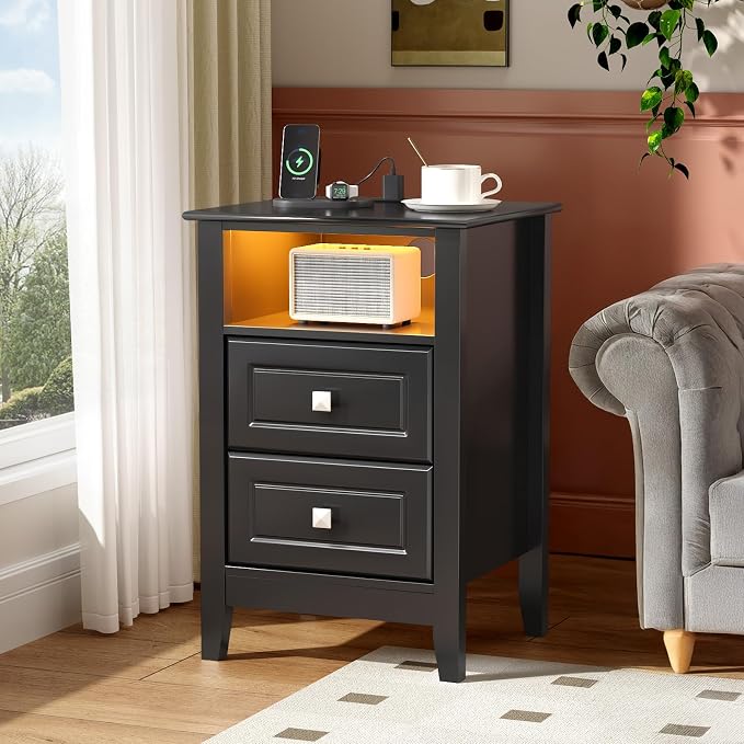 Bonnlo Led Nightstand with Charging Station, Night Stand Black Bedside Table - Image 8