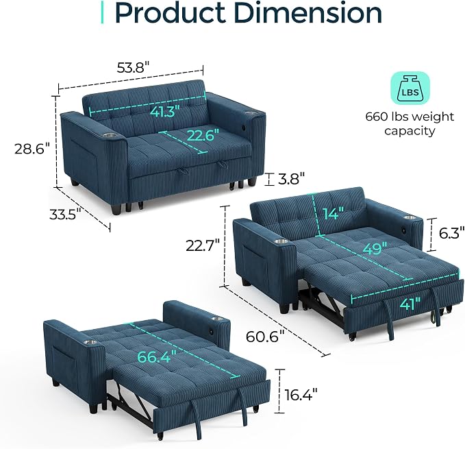 LINSY Sleeper Sofa Bed, Small 3 in 1 Convertible Loveseat Sleeper Couch - Image 2