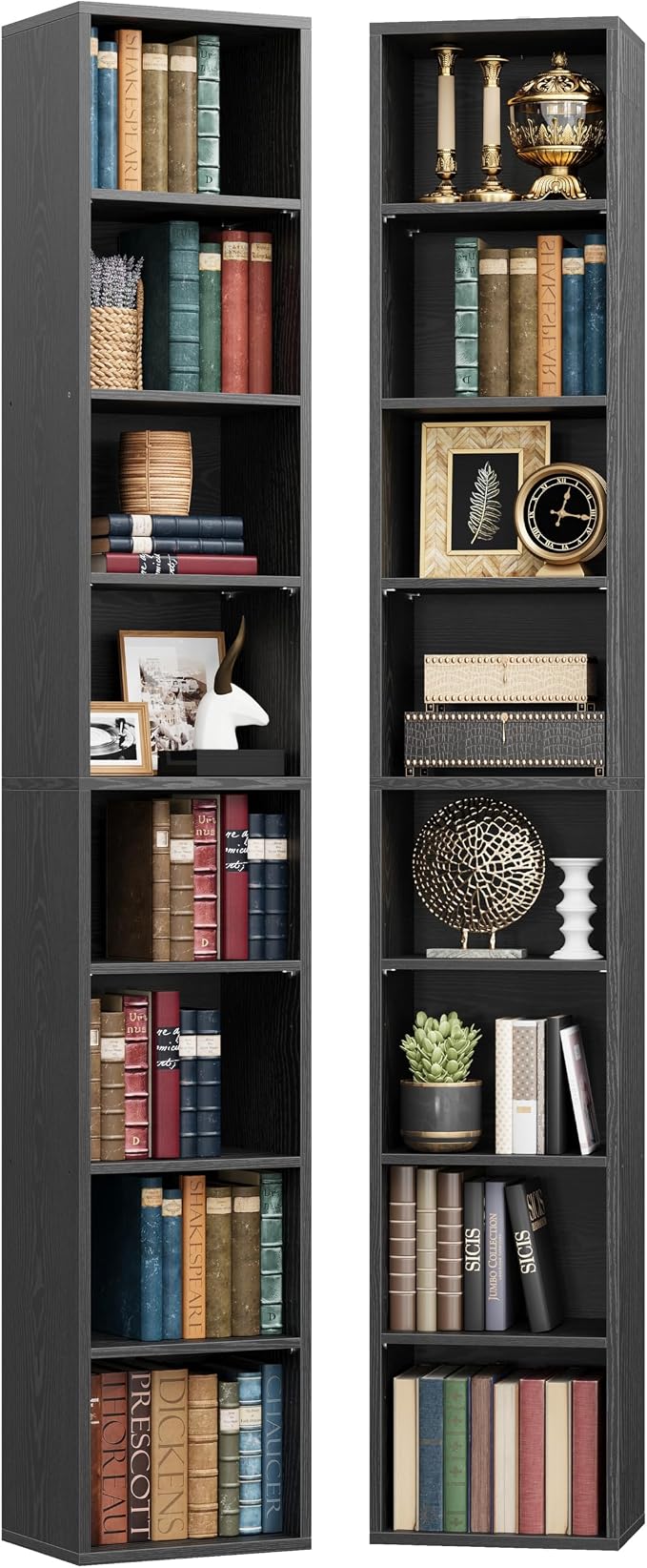 IRONCK Tall Narrow Bookshelf 8 Tiers 71in Set of 2, Compact Corner Bookcase by IRONCK
