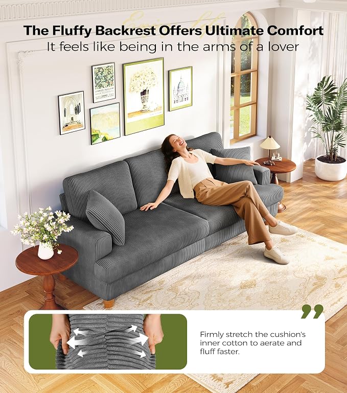 Kidirect 87in Corduroy Couch, Sofa No Tool Assembly, Comfy Couches - Image 3