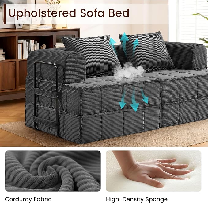 Korser Folding Convertible Sofa Bed, Corduroy Upholstered Boneless Couch - Image 6