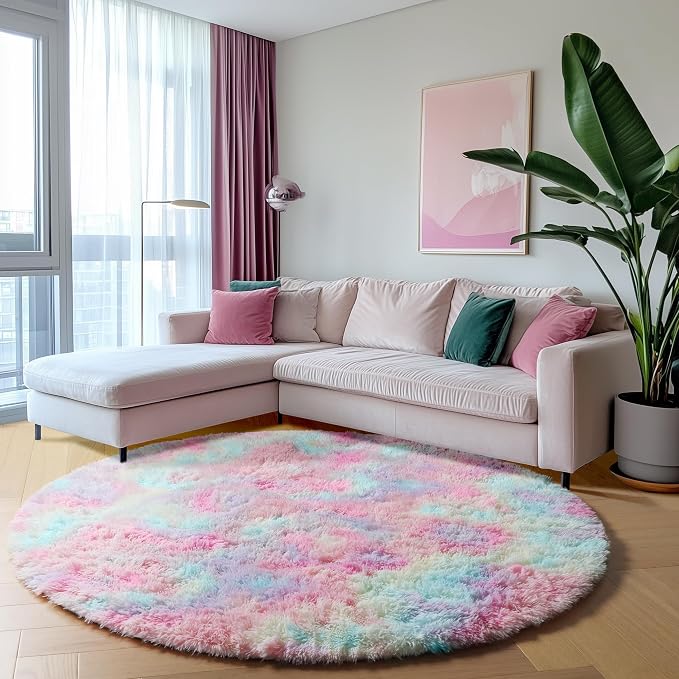 Rainbow Round Rugs 6ft for Living Room Bedroom, Fluffy Circle Area Rug for Kids - Image 4