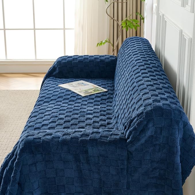 Fuzzy Navy Couch Cover for Sectional Sofa, Sofa Slipcover for 2 Cushion Couch - Image 3