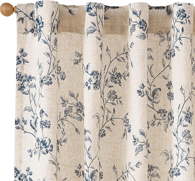 Blue Vintage Floral Linen Curtains Farmhouse 38W X 84L 2 Panels | Elisa Series by Lazzzy