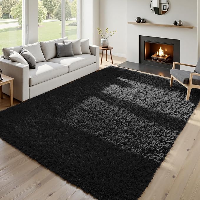 8x10 Fluffy Shag Area Rugs for Living Room Bedroom: Soft Plush Carpet Black | - Image 9