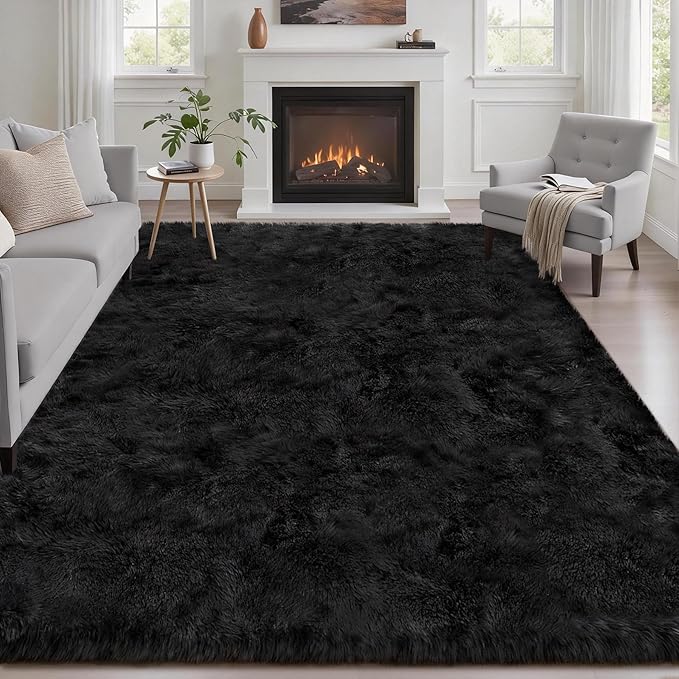 Area Rug Living Room Bedroom: 6x9 Fluffy Plush Shag Carpet Black | by Luxturiy