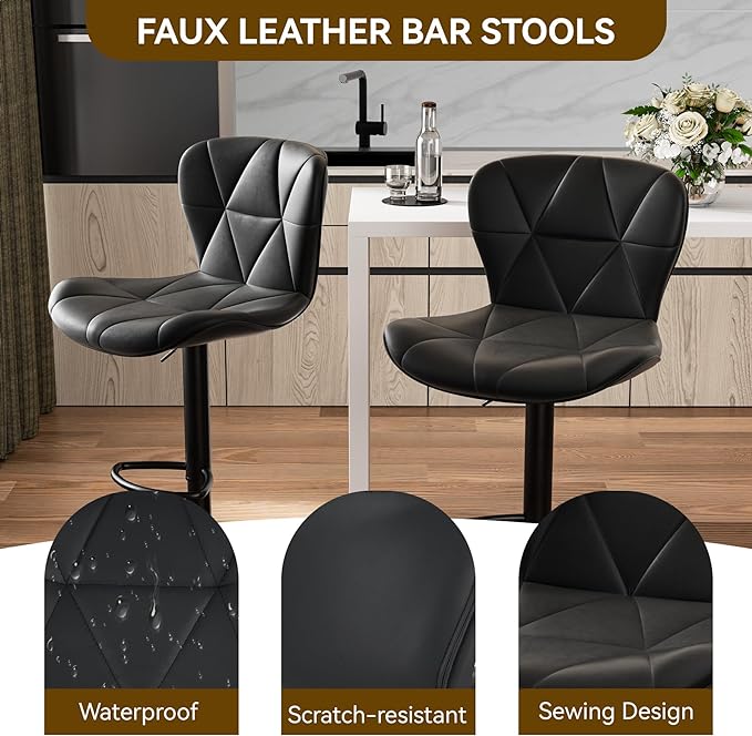 Nalupatio Modern Bar Stools Set of 3, Adjustable Faux Leather Upholstered - Image 4
