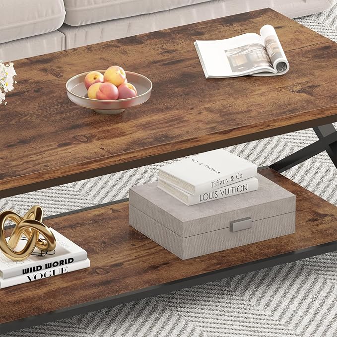 HSH Wood Coffee Table with Storage, Farmhouse Rustic Brown Coffee Table - Image 6