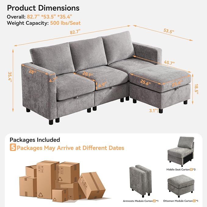 WUTUTUEE 83' Modular Sectional Sofa Convertible L Shaped Couch Set - Image 2