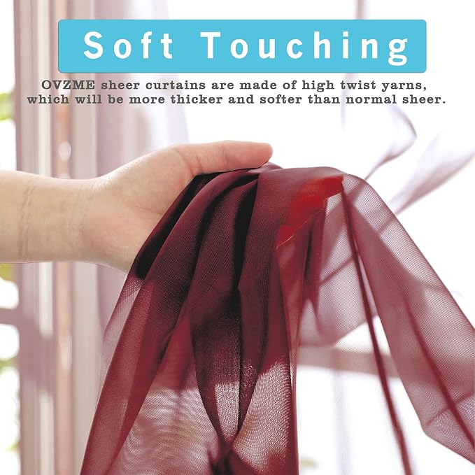 Burgundy Sheer Curtains 84 inch Length 2 Panels Set, Light Filtering Sheer - Image 3