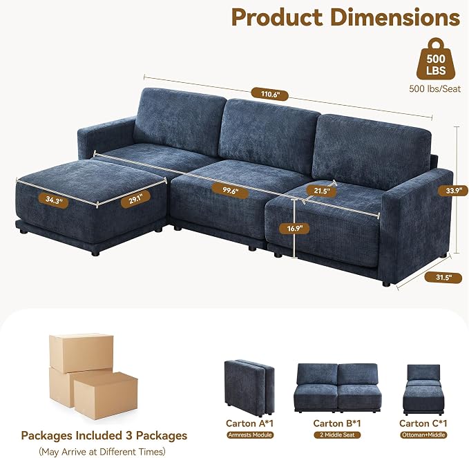 110.6" L Shaped Sectional Sofa, Modular Cloud Deep Seat Couch - Image 2