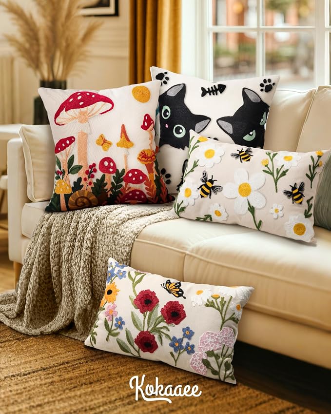 Embroidered Throw Pillow Cover 20x20 Inch, Mushroom Moon | Decorative Pillow - Image 6