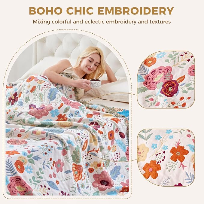 LUTBM Boho Throw Blanket for Bed Cotton Summer Blankets Twin Size for Bedroom - Image 3