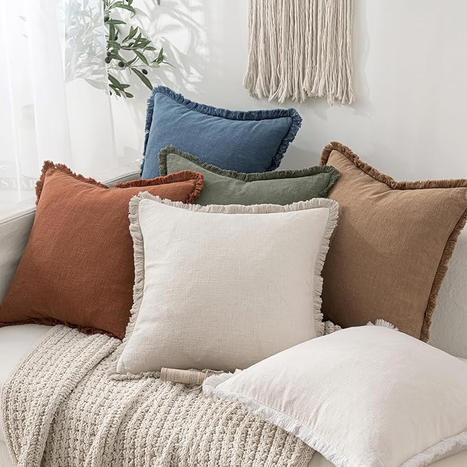 MIULEE Boho Linen Fringe Decorative Throw Pillow Covers Blue Ashes 20x20 | Set - Image 5