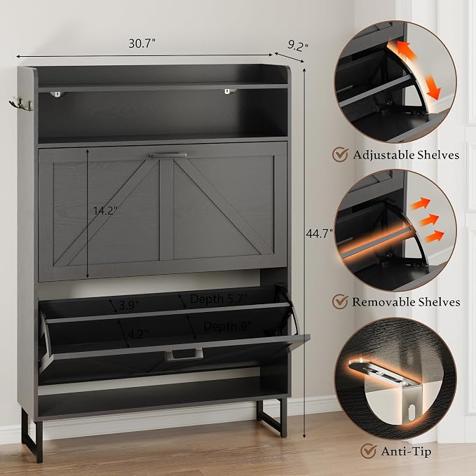 BORNOON Shoe Cabinet with 2 Flip Drawers Narrow Shoe Storage Cabinet Organizer - Image 2
