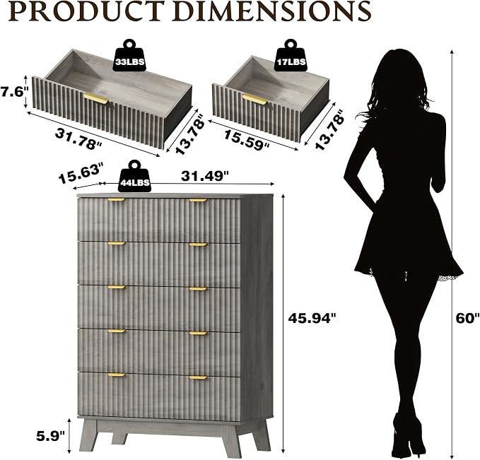 BORNOON 46" Tall Dresser for Bedroom, 6-Drawer Fluted Chest of Drawers - Image 2