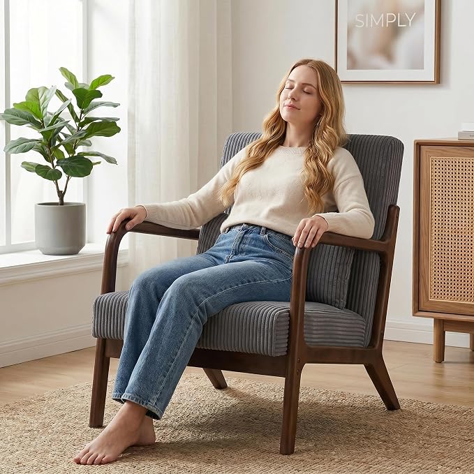 Mid Century Modern Accent Chair, Upholstered Corduroy Armchair - Image 3