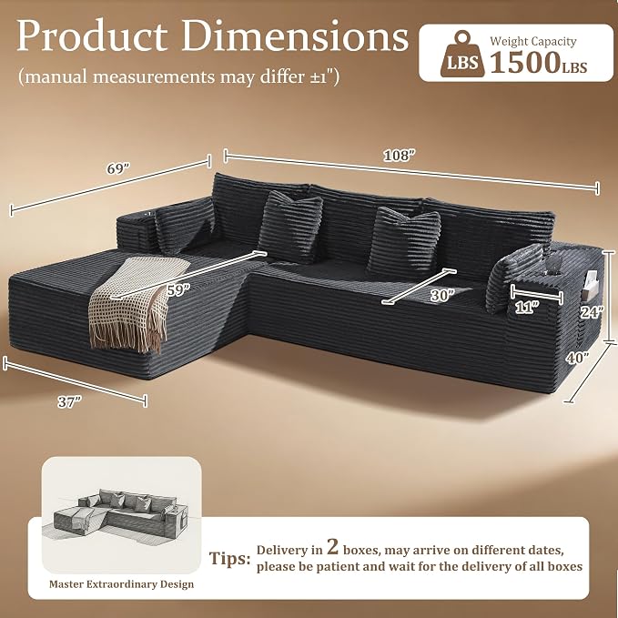 108" Oversized Cloud Sectional Couch, Comfort L Shaped Boneless Couch - Image 2