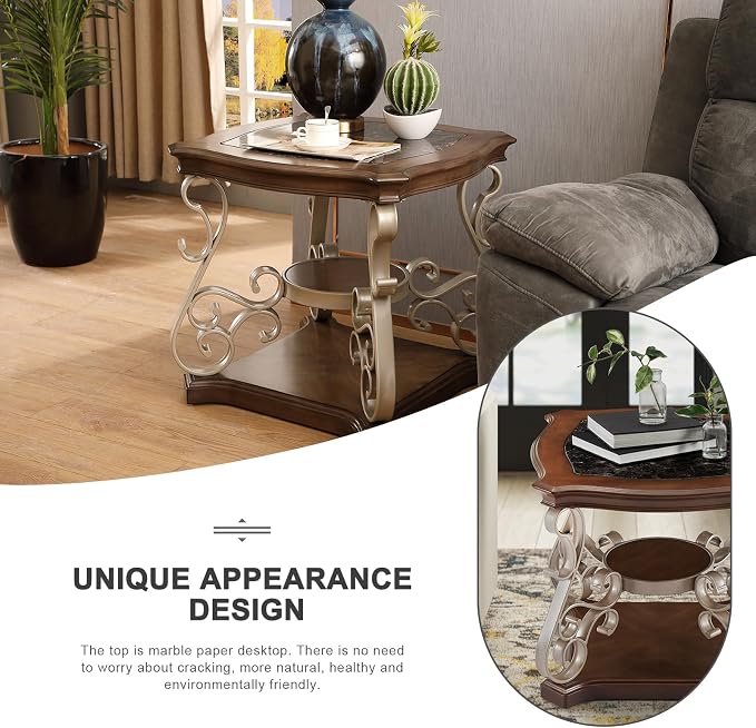 26.2'' 2-Tier Square End Table Marble Paper Top Coffee Table - Image 3