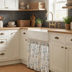 Blue on Beige Linen Kitchen Curtains Rod Pocket 26W X 36L 2 Panels | Elisa - Image 2