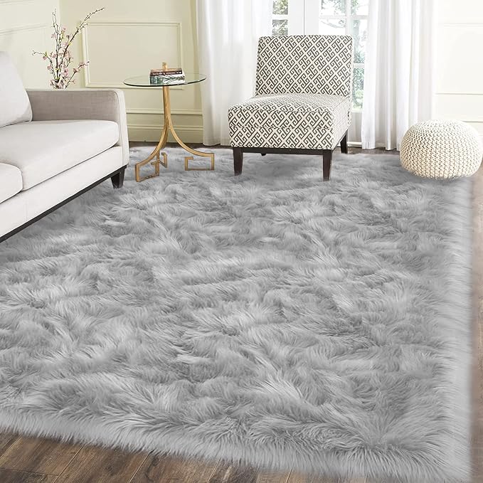 Latepis Washable 5x7 Grey Faux Fur Rugs by Latepis